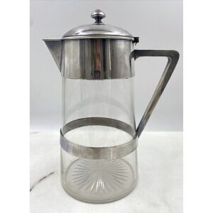 Elkington & Co Coffee Decanter Pitcher Sterling Silver Plate Clear Glass MCM
